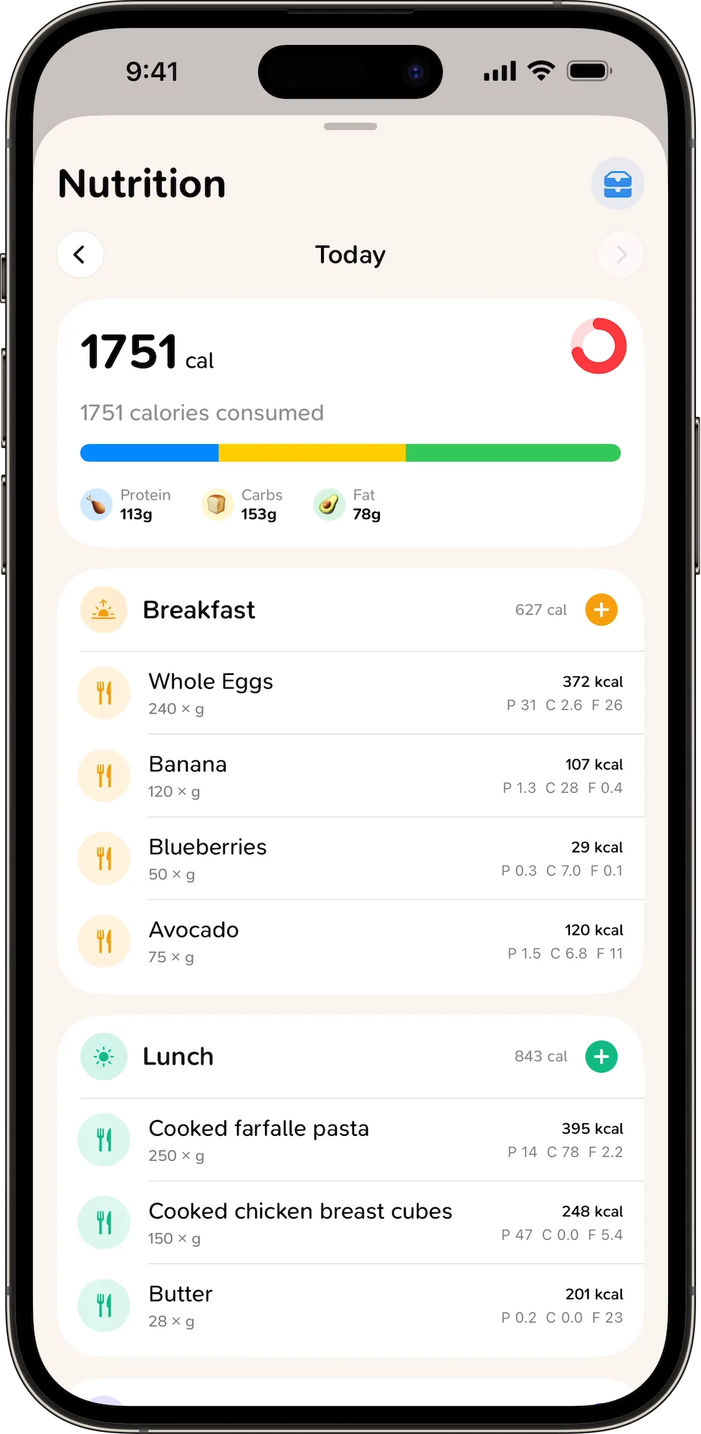 CoreRise food logging screen
