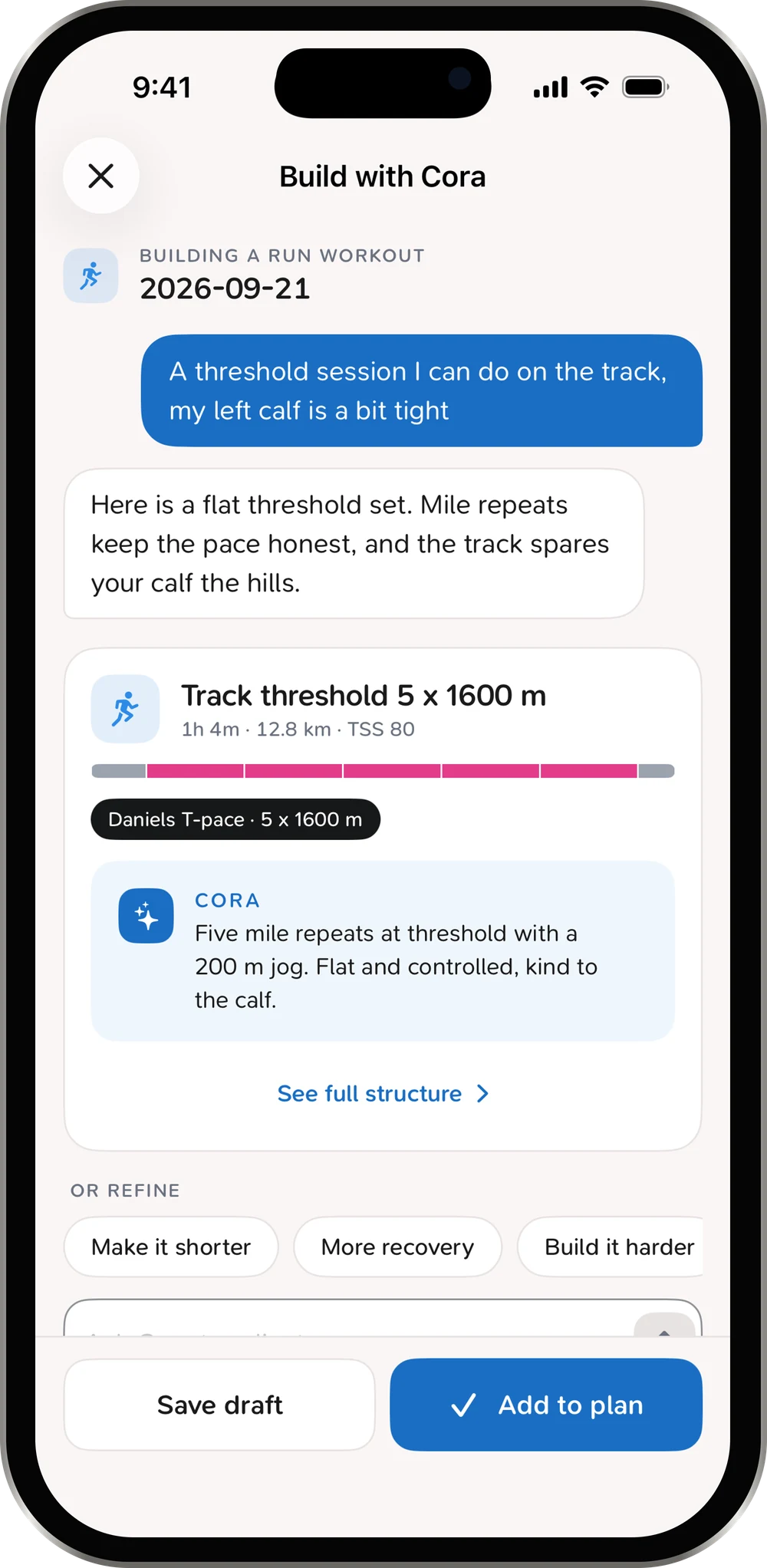 CoreRise on iPhone: a conversation with Cora creates a run workout, with options to refine it and add it to the plan.