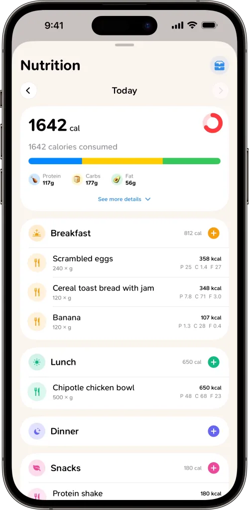 Logged food page in CoreRise