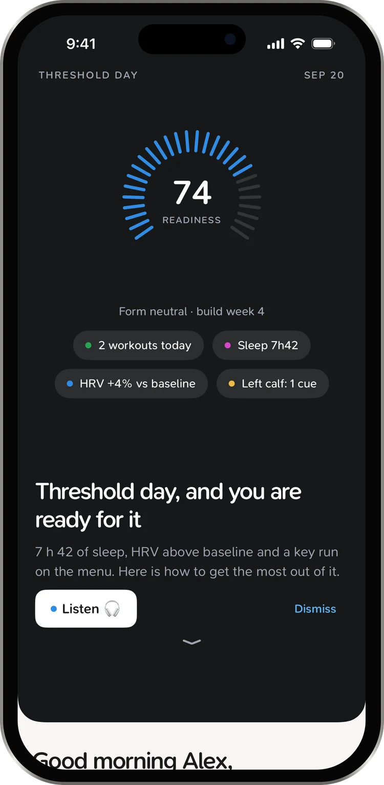 The CoreRise daily cover: a readiness score, the day's focus, and the audio brief