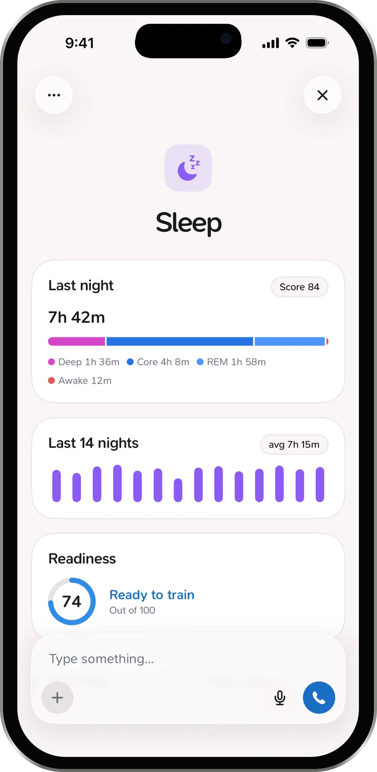 The CoreRise sleep hub on iPhone: last night, a 14-night trend, and Cora in the same view