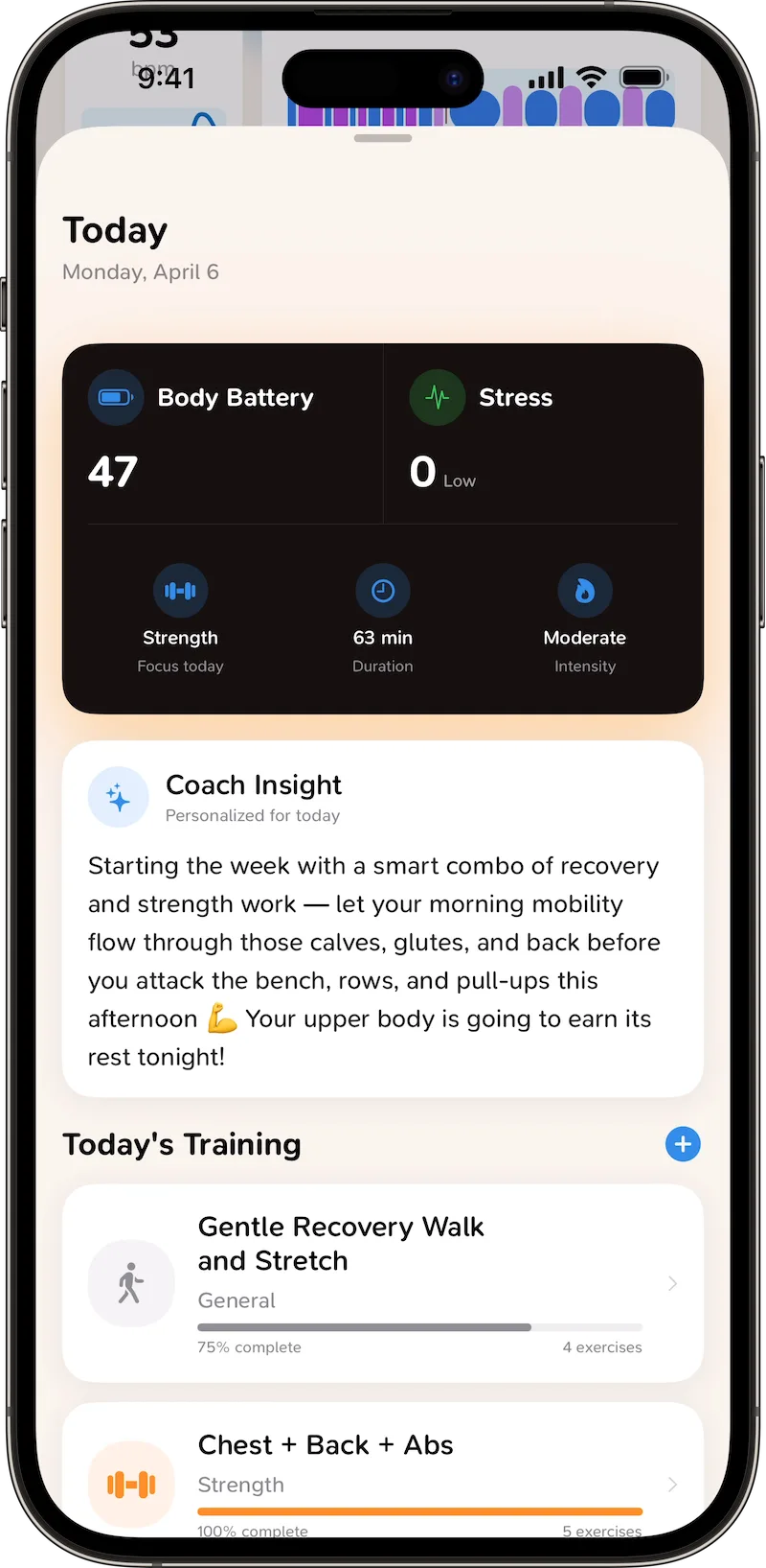 CoreRise workout planning screen